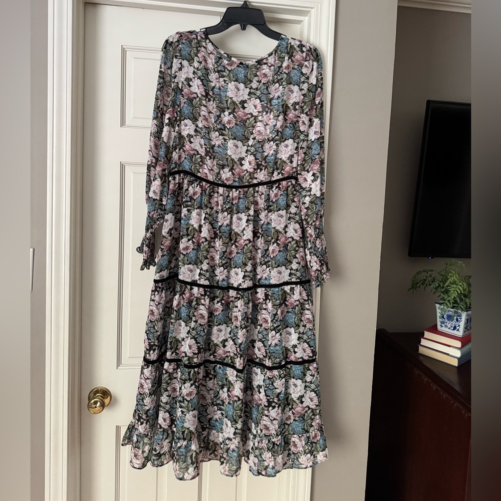 En Saison Floral Long Sleeve Dress - Pink and Blue
